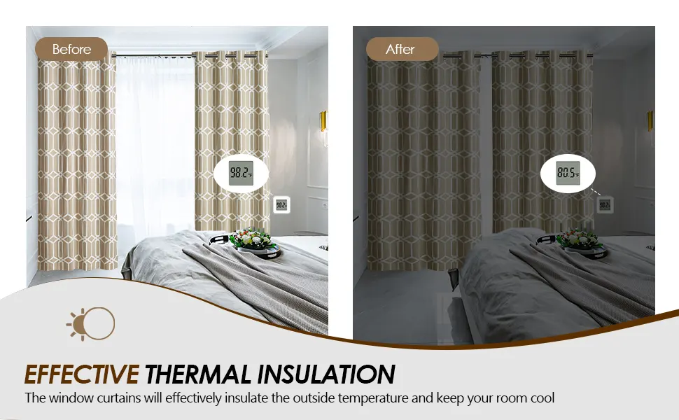 Light Brown Polyester Blackout and Thermal Insulation Curtains - before&after