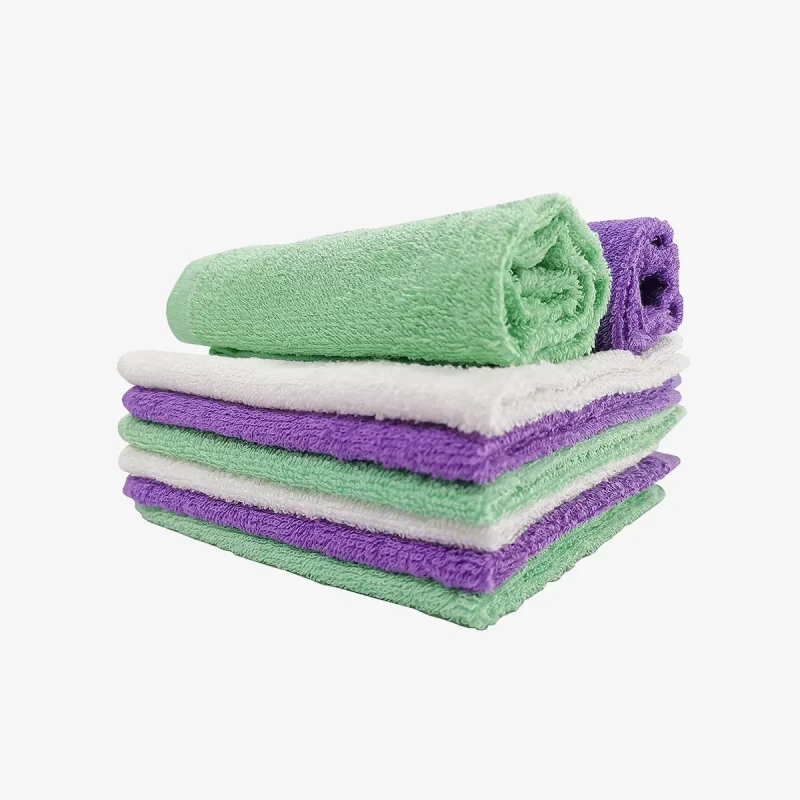 8-pack green, white, and purple towels in bulk