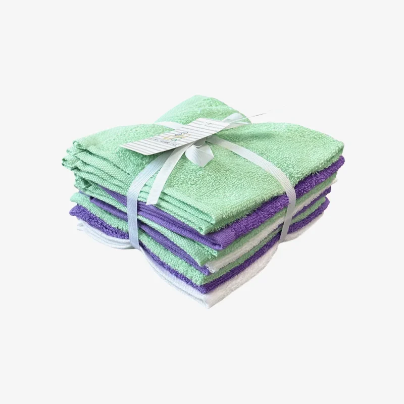 8-pack green, white, and purple towels in bulk banner